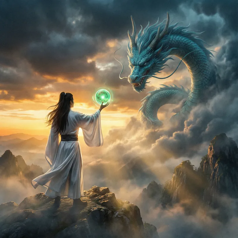 Mystical Chinese Man Confronts Dragon on Misty Mountain Peak