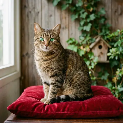 Tabby Cat Portrait on Red Velvet Cushion | Green Eyes