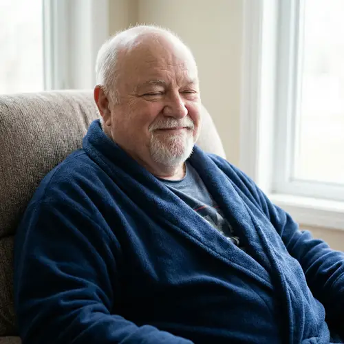 Cheerful Overweight Elderly Gentleman with White Goatee and Pot Belly