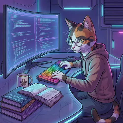 Anthropomorphic Cat Coder at Modern Desk | Coding Illustration