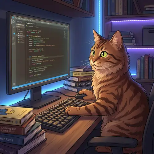 Adult Medium-Haired Cat Coding Scene | Coding Cat Illustration