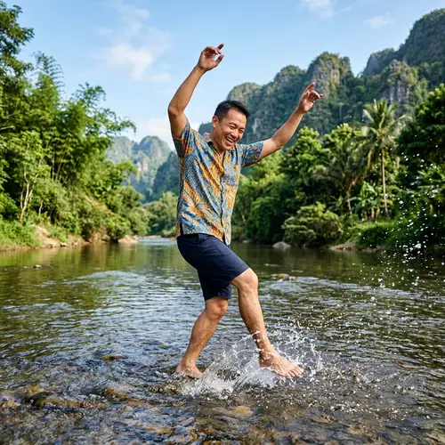 Middle-Aged Asian Man Dancing in Shallow River