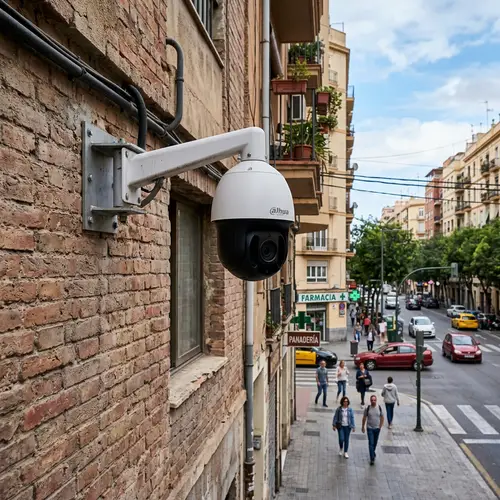 PTZ Camera Mounted on Urban Building Wall