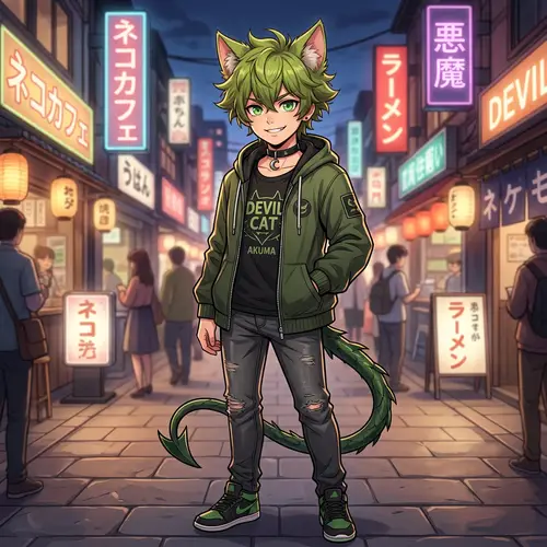 Green-Eyed Anime Boy with Kiwi Hair, Cat Ears, and Devil Tail