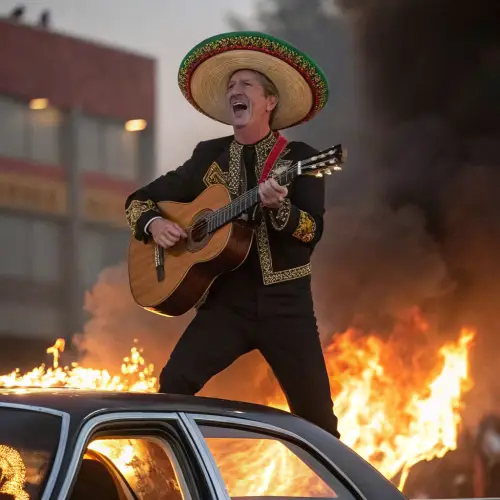 Gavin Newsom as Mariachi on a Burning Car