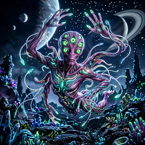 Vivid Extraterrestrial Being with Array of Eyes and Gravity-Defying Appendages
