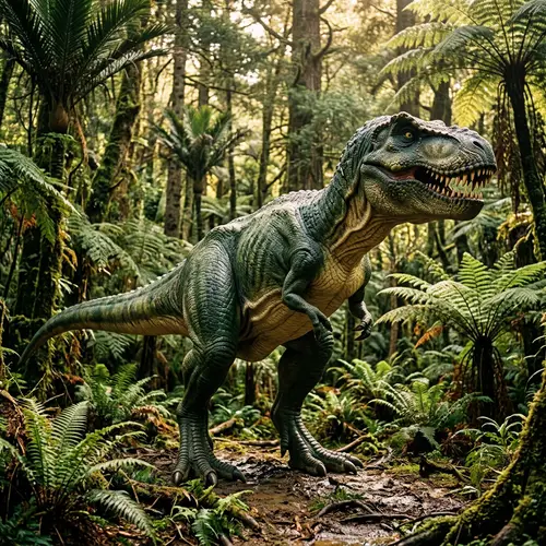 Detailed T-Rex Depiction in Lush Forest Setting