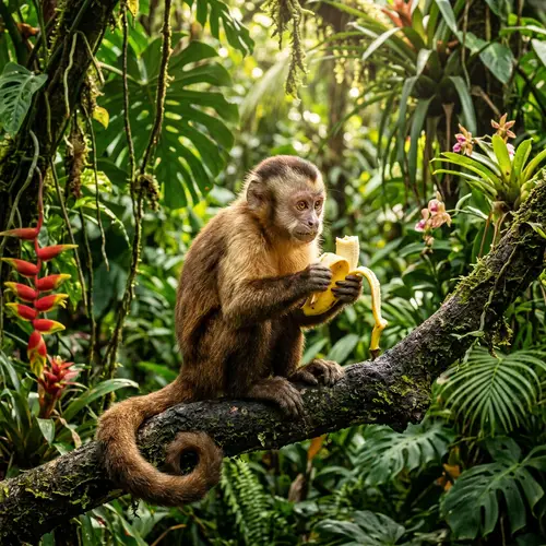 Vibrant Monkey in Tropical Jungle with Banana | Exotic Wildlife