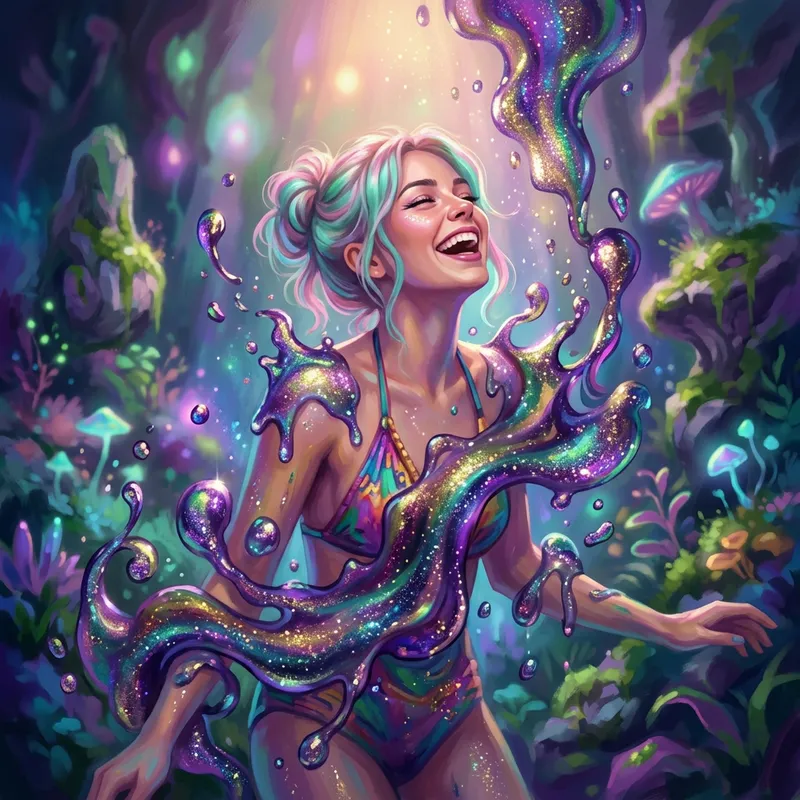 Surreal Model Showering in Iridescent Glitter Gravy