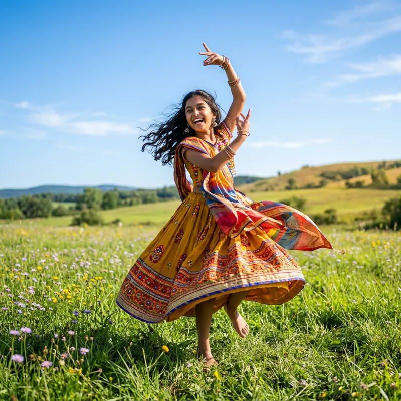 Joyful South Asian Girl Dancing in Colorful Attire
