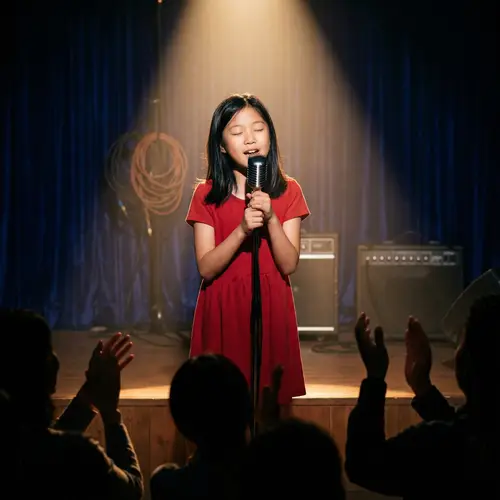 Passionate Singing by Young Asian Girl in Red Dress