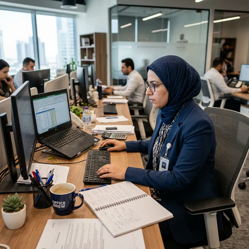 Dedicated Muslim Woman at Work Station in Modern Office