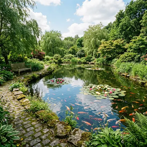 Tranquil Fish Pond Surrounded by Lush Greenery