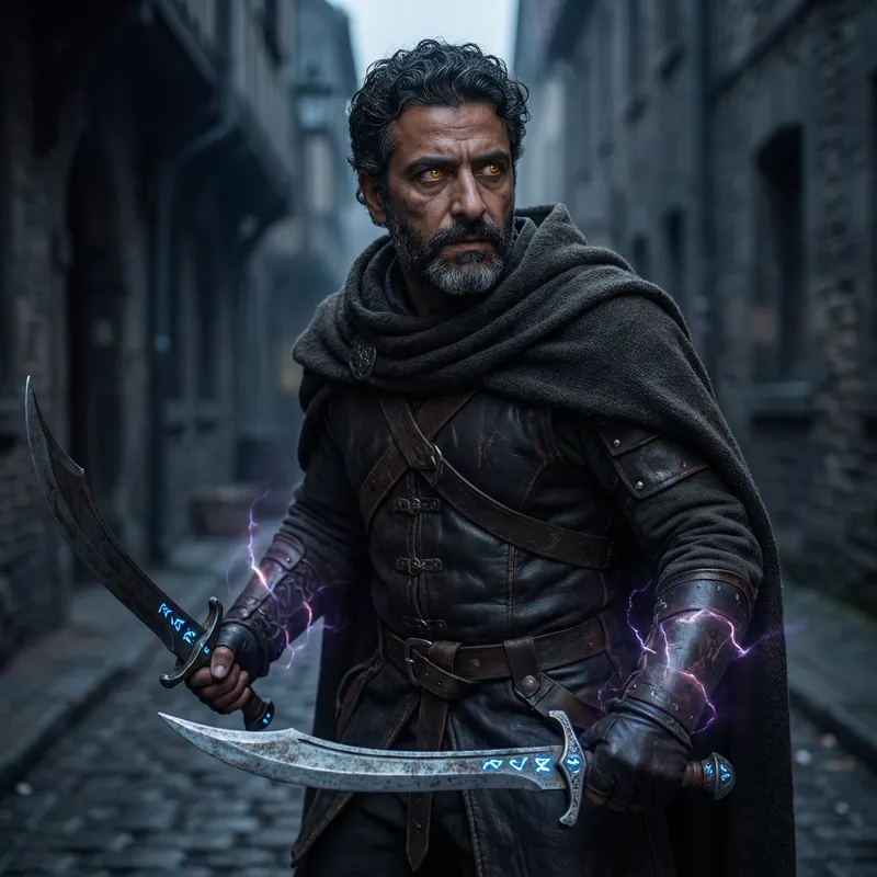 Stoic Monster Hunter with Yellow Eyes | Dual Swords & Magic