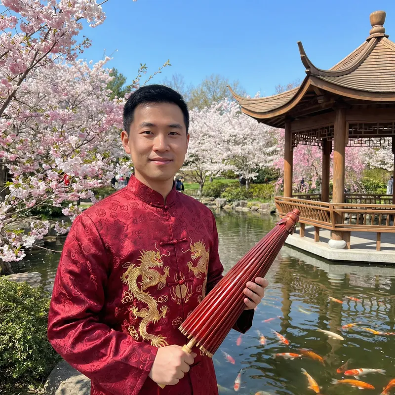 Traditional Chinese Man in Red Robe Holding Parasol in Cherry Blossom Garden