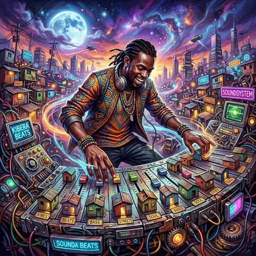 Surrealist African Man Manipulating Dilapidated Shacks | Afrofuturism Art