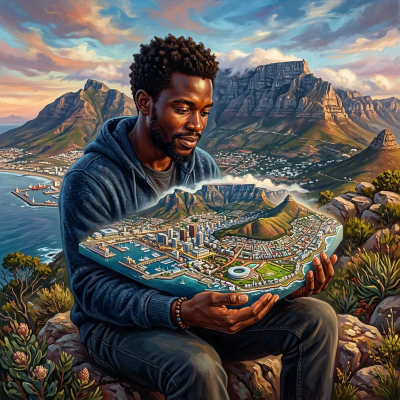 Surrealist Illustration of Black African Male Holding Cape Town with Table Mountain Surrealist Illustration of Black African Male Holding Cape Town with Table Mountain