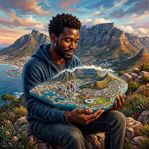 Surrealist Illustration of African Male Holding City of Cape Town