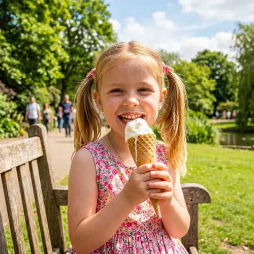 Young Caucasian Girl Enjoying Vanilla Ice Cream Cone
