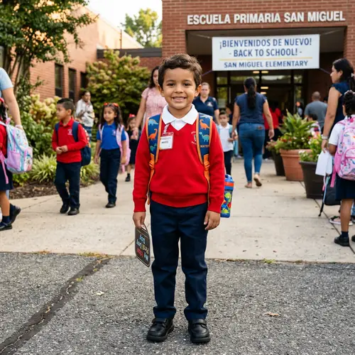 Start of School: 5-Year-Old Boy in Red Uniform and White Polo