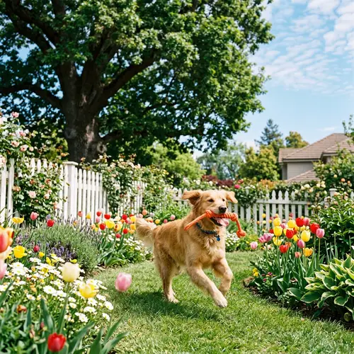 Lively Dog Playing in Colorful Garden