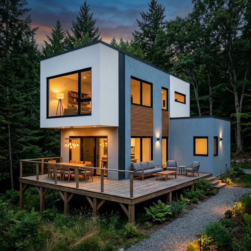 Modern Two-Story Box House with Elevated Deck