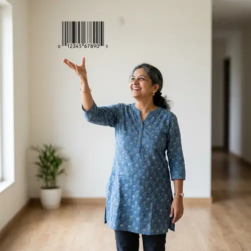 South Asian Woman Throwing Barcode in Casual Attire