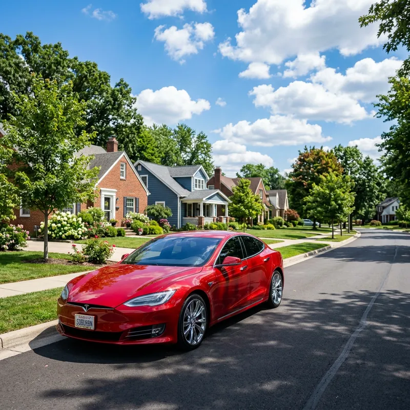 Sleek Red Car on Quiet Street | Local Scenic View