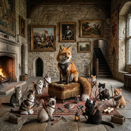 Ancient Castle with Fox and Armed Kittens - Surreal Art in Paintings