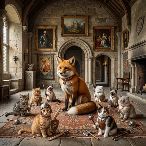 Ancient Castle with Fox and Kittens in Armor - Enchanting Scene