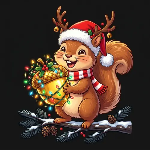 Festive Squirrel with Golden Acorn - Holiday T-shirt Design