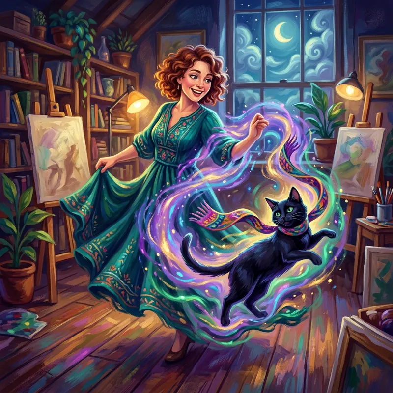 Imaginative Transformation: Woman to Charming Black Cat in Vibrant Colors