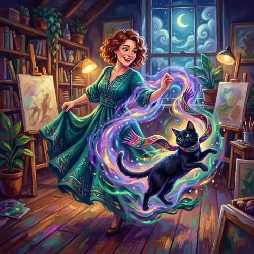 Whimsical Transformation: Woman to Mischievous Cat in Vibrant Colors