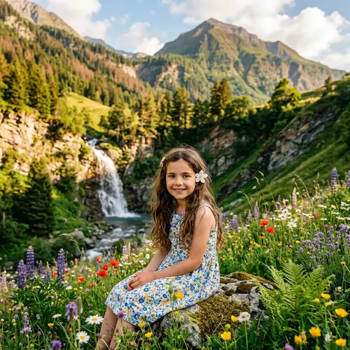 Enchanting Nature Scene with Waterfall, Mountains, Flowers, and Young Girl
