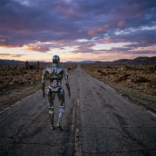 Advanced Silver Robot Walking on Deserted Road - Post-Apocalyptic Future