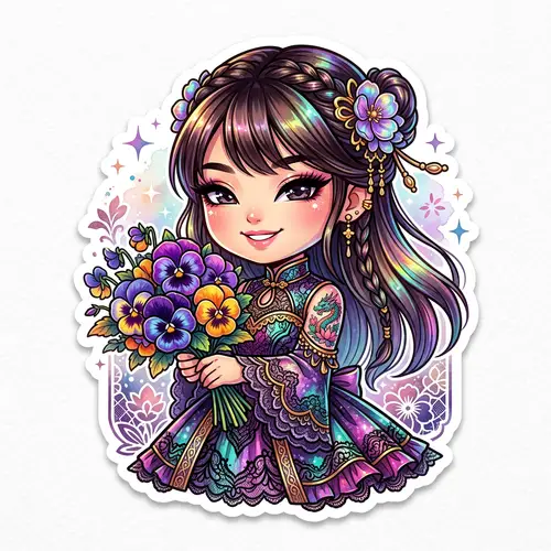 Iridescent Chibi Chinese Girl Sticker Portrait with Pansies Bouquet