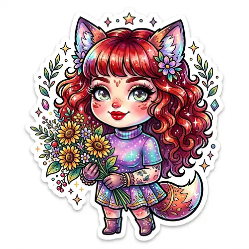 Iridescent Chibi Girl Sticker in Purple and Teal Turtleneck with Sunflowers