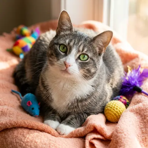 Domestic Short-Haired Cat - Grey & White with Green Eyes