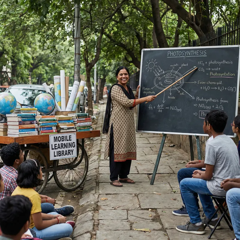 Outdoor Education Scene with Female South Asian Teacher Explaining Lessons Outdoors