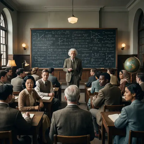Genius Physicist Scholar Teaching Diverse Students in Vintage Lecture Hall