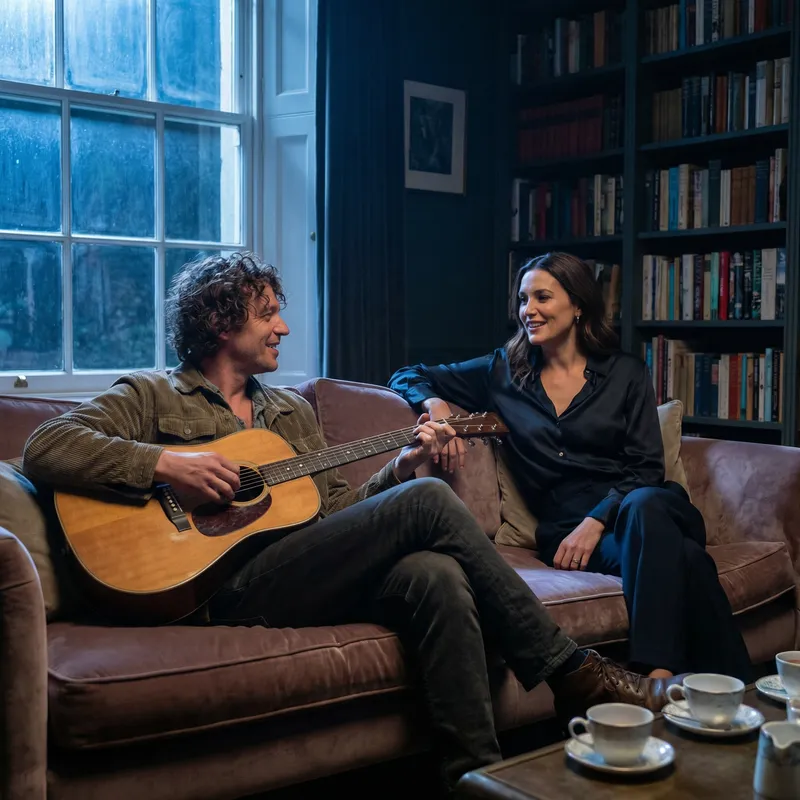 Man with Brown Curly Hair in Nighttime Scene with Woman