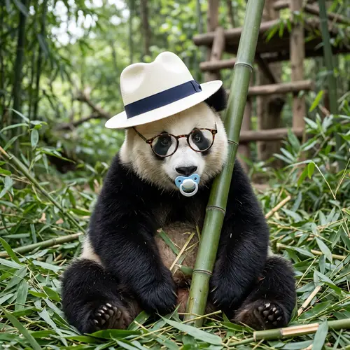 Panda in Fedora with Glasses Sucking on Pacifier