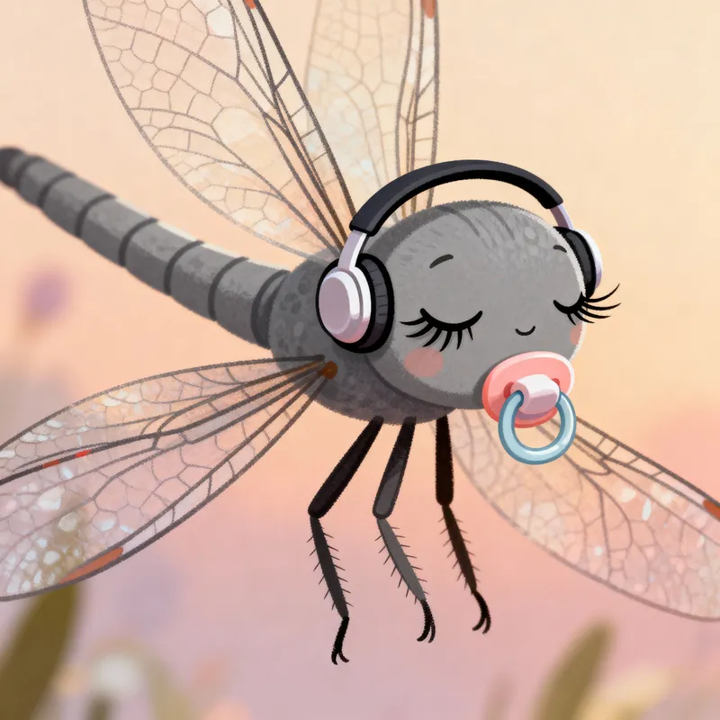 Cute Grey Dragonfly with Headphones and Pacifier