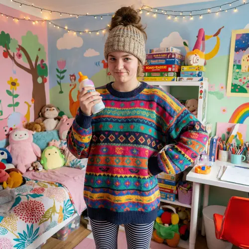 Playful Teen in Oversized Outfit with Toys