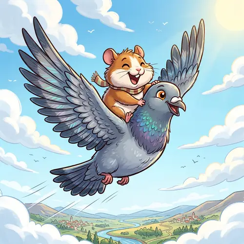Joyful Hamster Riding Pigeon | Cartoon Scene