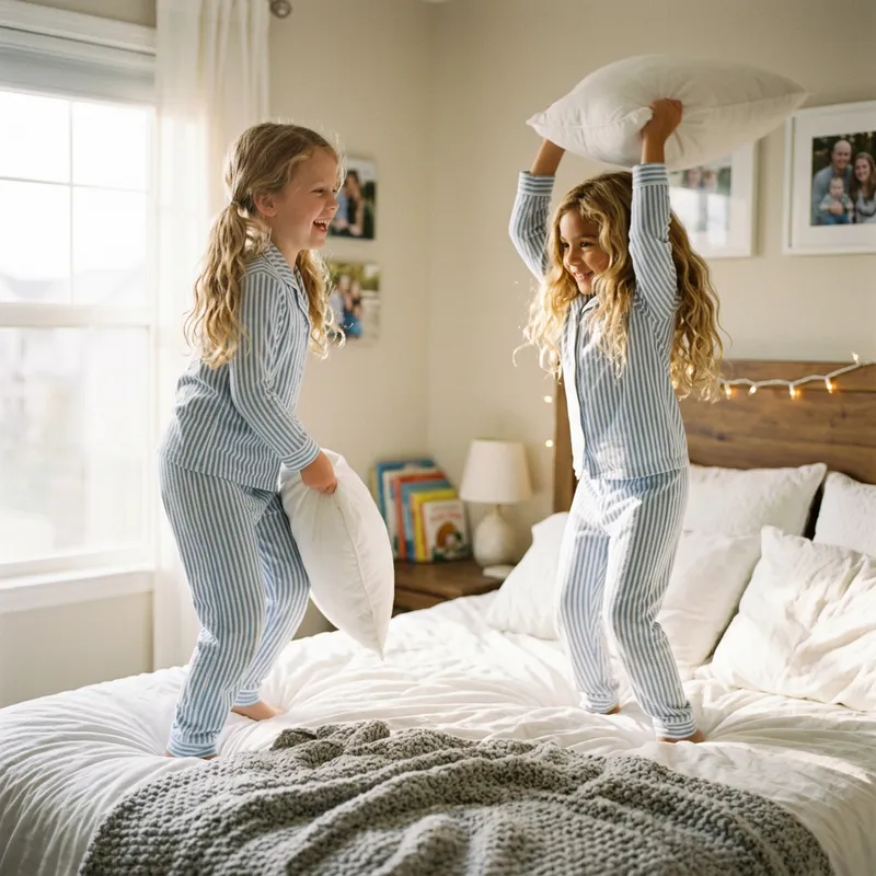 Innocent Joy of Childhood: Sweet Pillow Fight on Bed