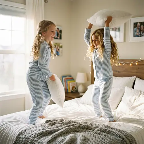 Innocent Joy of Childhood: Playful Pillow Fight on Bed