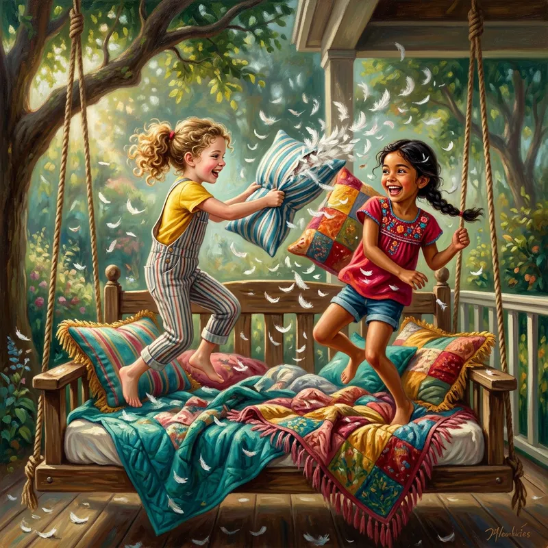 Vibrant Pillow Fight: Playful Girls on Bed Swing