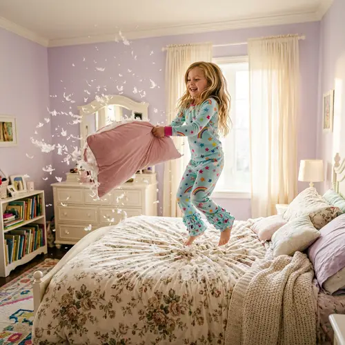 Gleeful Young Girl Leaping on Opulent Queen-Size Bed