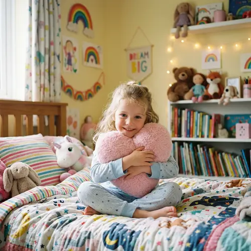 Cute Blonde Girl Hugging Pink Pillow | Cozy Bedroom Scene